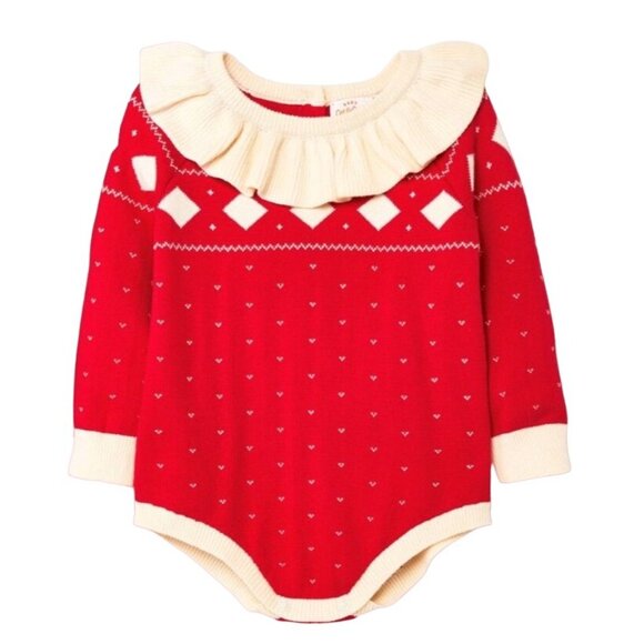 Baby Girls Christmas Romper Bodysuit With Ruffled Collar Red & White  78 - Picture 3 of 4